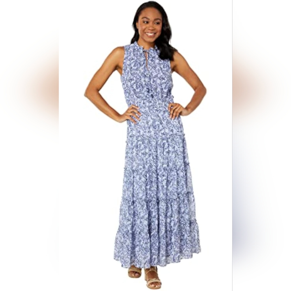 1.STATE Sleeveless Tie Neck Tiered Maxi Dress in Blue and White, Size Sm…